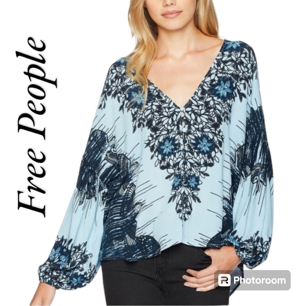 Free People Birds of a Feather Blue Floral Boho Peasant Blouse Top Size XS